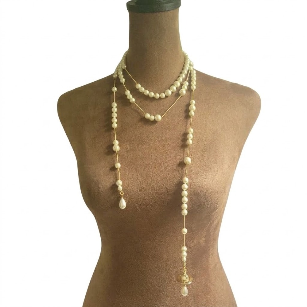 Vivienne Westwood Broken Pearls Faux Pearl Gold Orb Lariat Necklace One Size